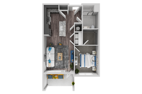 Floor plan for 1 bed, 1 bath, 731 sqft